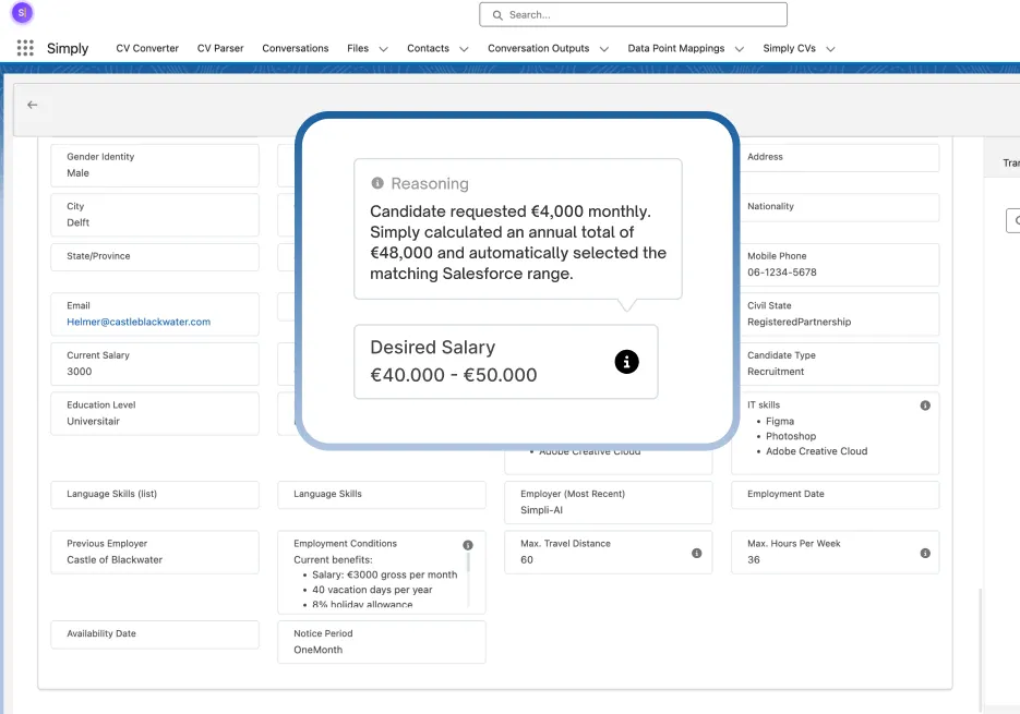 Kandidaatvelden in Salesforce die Simply heeft ingevuld, met de uitleg bij een omgerekende salarisrange