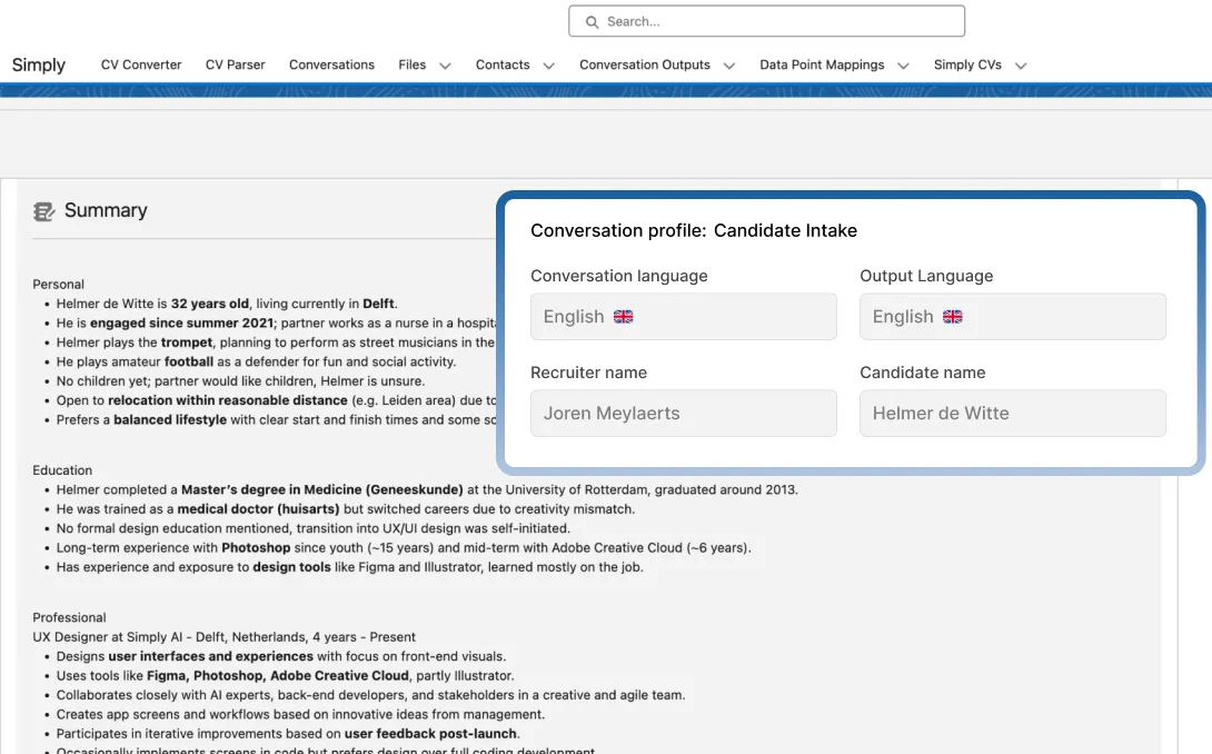 Een gespreksverslag in Salesforce, met het gespreksprofiel van een kandidaatintake geopend